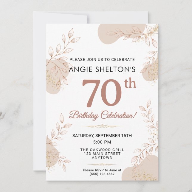 Elegant Rose Gold Botanical 70th Birthday Einladung (Vorderseite)