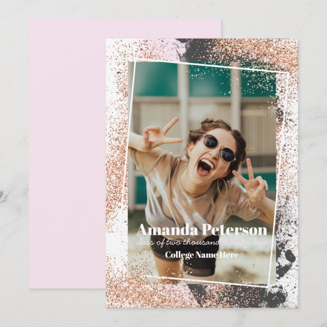 Élégant Rose Gold Confetti Faire-part de graduatio (Devant / Derrière)
