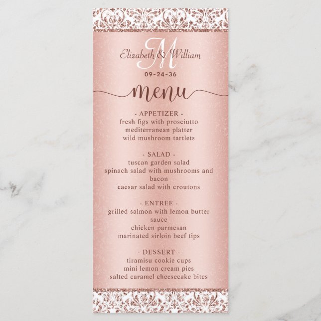 Elégant Rose Gold Damask Monogram Mariage Menu (Devant)