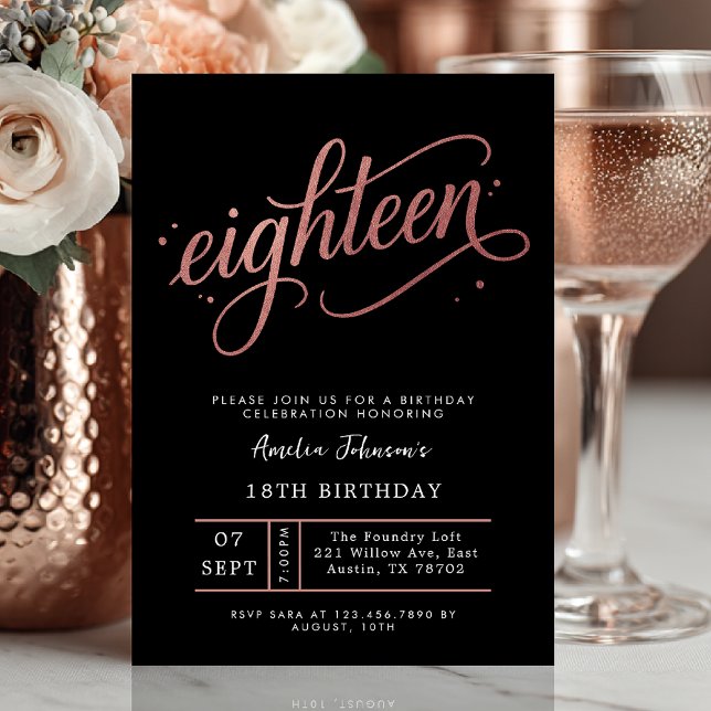 Elegant Rose Gold Eighteen 18th Birthday  Einladung (Eighteen and elegant ✨ Celebrate in style with this luxe rose gold and black birthday invite.)