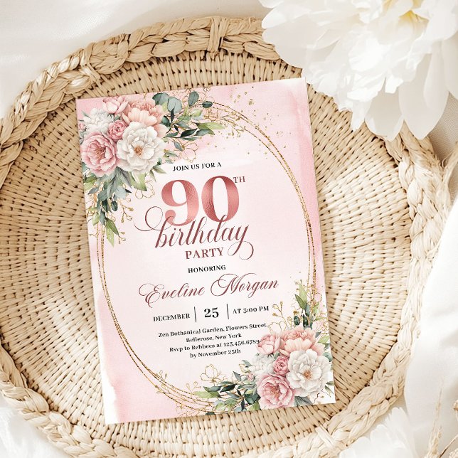 Elegant Rose Gold Eucalyptus 90th Birthday Invite Einladung (Elegant Rose Gold Eucalyptus 90th Birthday Invitation)