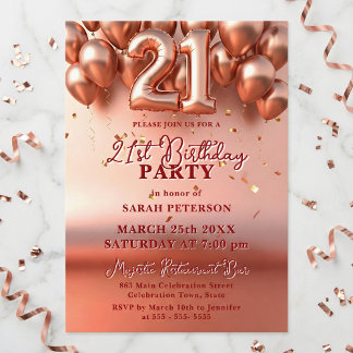 Elegant Rose Gold Faux Foil Balloons 21st Birthday Einladung