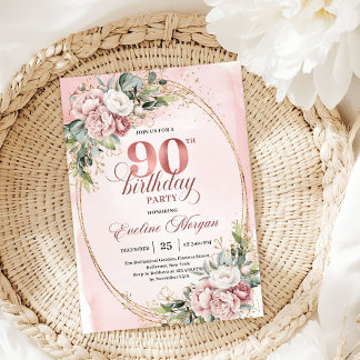 Elegant Rose Gold Floral Eucalyptus 90th Birthday  Einladung