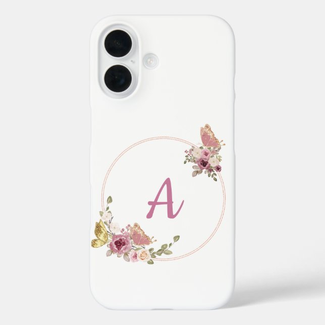 Elegant Rose Gold Floral Frame-Personalized  iPhone 16 Hülle (Rückseite)