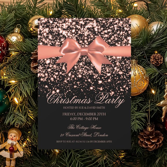 Elegant Rose Gold Glam Red Bow Christmas Party  Einladung (Elegant Rose Gold Glam Red Bow Christmas Party Invitation)
