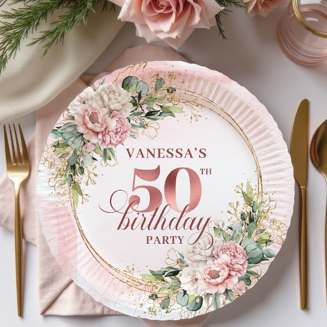Elegant Rose Gold Glitter 50th Birthday Floral   Pappteller (Elegant Rose Gold Glitter 50th Birthday Floral Party Paper Plates

)