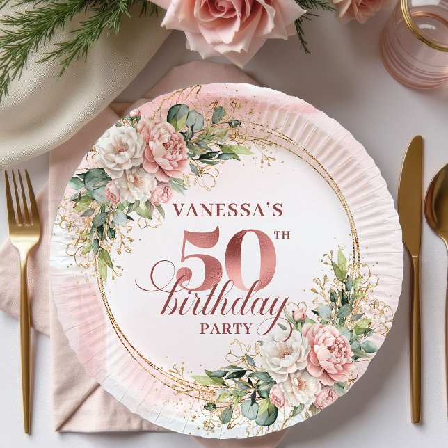 Elegant Rose Gold Greenery 50th Birthday Paper  Pappteller (Elegant Rose Gold Greenery 50th Birthday Paper Plates)