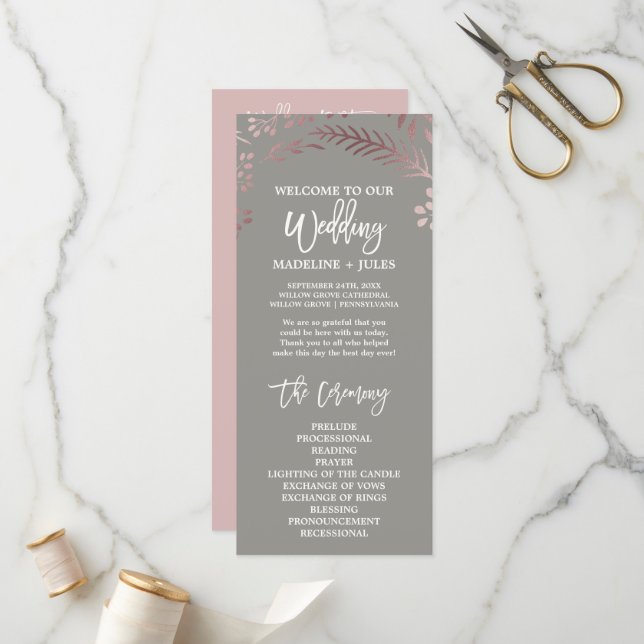 Élégant Rose Gold & Grey Wedding Programme (Devant/Arrière en situation)