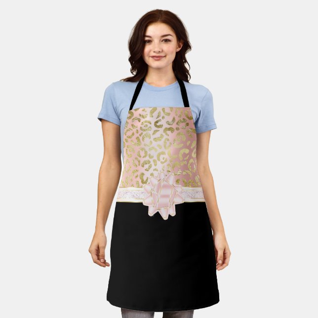 Élégant Rose Gold Leopard rose Ribbon noir tablier (Porté)