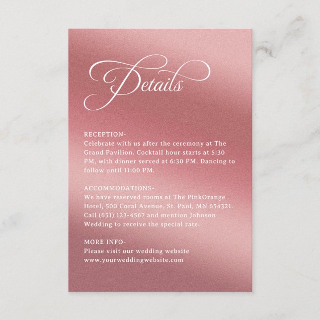 Elegant Rose Gold Modern Wedding Details Begleitkarte (Vorderseite)