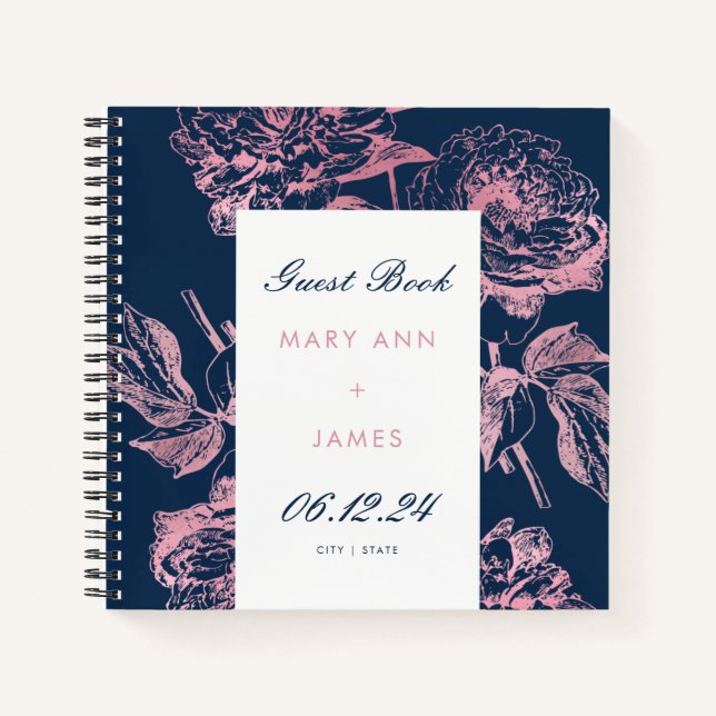 Elégant Rose Gold Navy Floral Mariage Livre d'or (Devant)