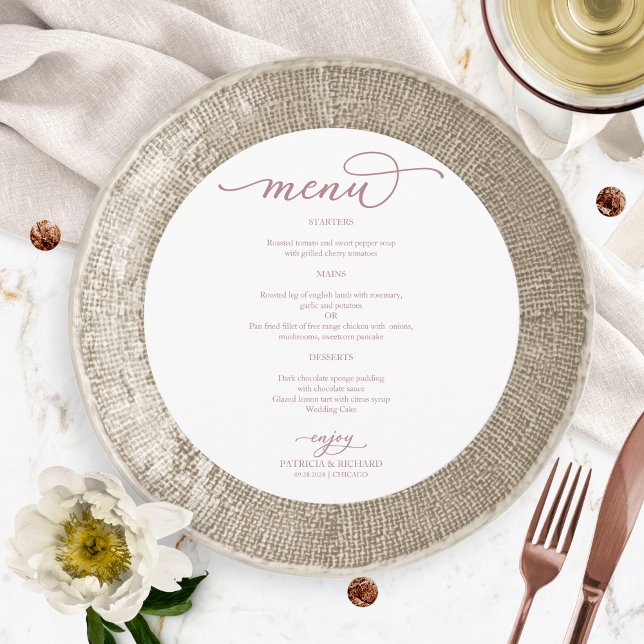 Élégant Rose Gold Script Menu du Mariage rond  (Créateur téléchargé)