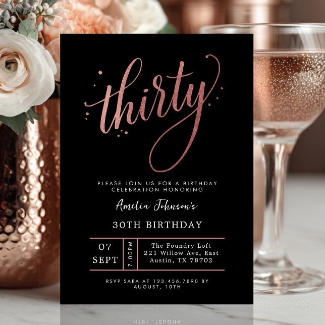 Elegant Rose Gold Thirtieth 30th Birthday Einladung (Thirty and thriving ✨ Celebrate in style with this elegant rose gold birthday invite.)
