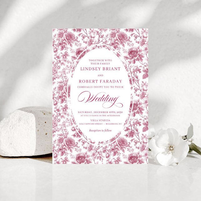 Elegant Rose Gold Toile Rose Pattern Wedding Boho Einladung (Elegant Rose Gold Toile Rose Pattern Wedding Invitation)