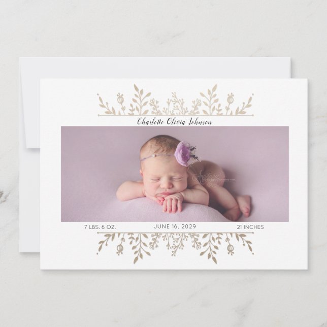 Elégant Rose Gold White Photo Faire-part de naissa (Devant)