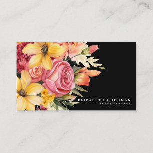 Élégant rose jaune Floral Cartes de visite noirs