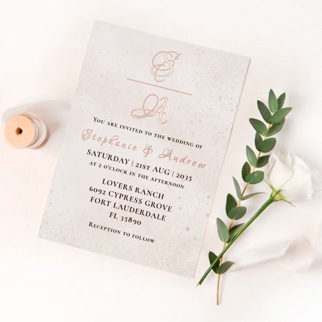 Élégant Rose Monogramme or Mariage Foil Invitation (Créateur téléchargé)