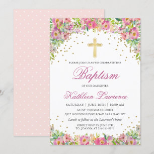 Élégant rose Or Floral Girl Baptism Invitation