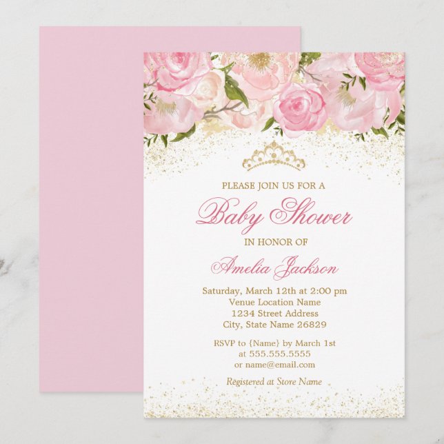 Elégant Rose rose or fille Baby shower Invitation (Devant / Derrière)