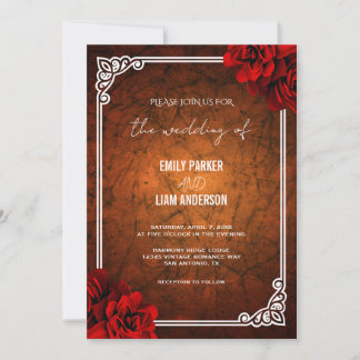 Elégant Rose Rouge Vintage Mariage Invitation Temp