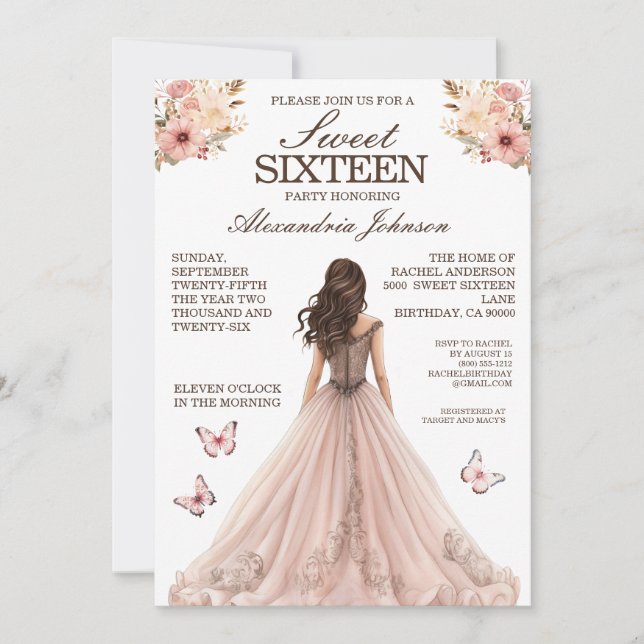 Élégant rose sucré 16 Invitations de robe fantaisi (Devant)