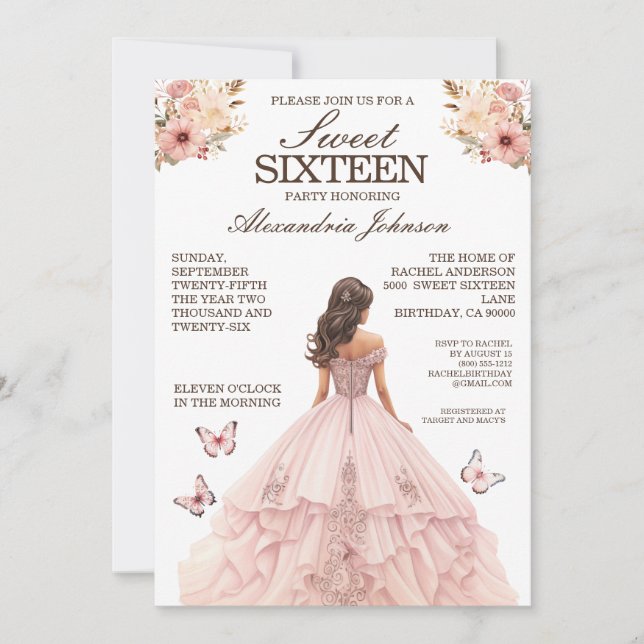 Élégant rose sucré 16 Invitations de robe fantaisi (Devant)