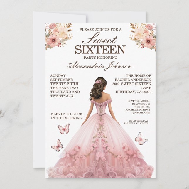 Élégant rose sucré 16 Invitations de robe fantaisi (Devant)