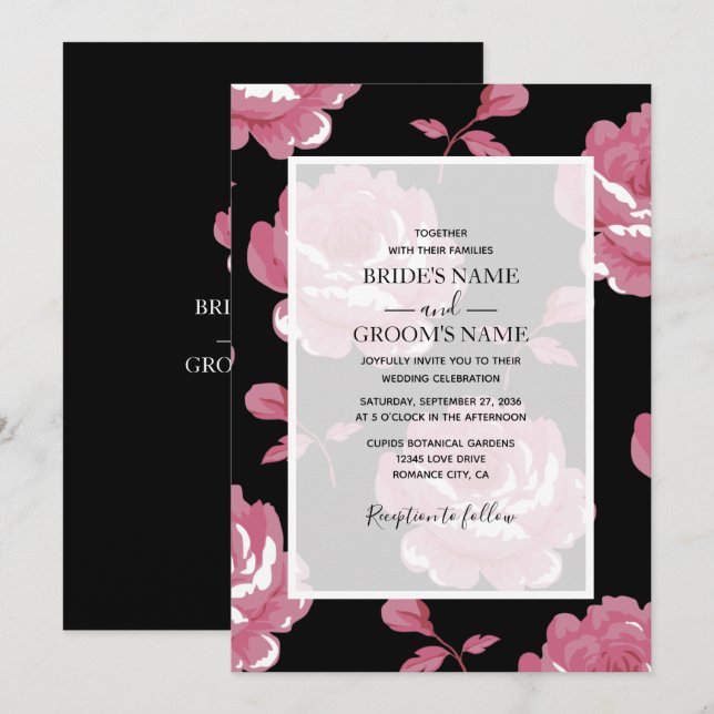 Elégant rose Vintage Roses mariage Invitations (Devant / Derrière)