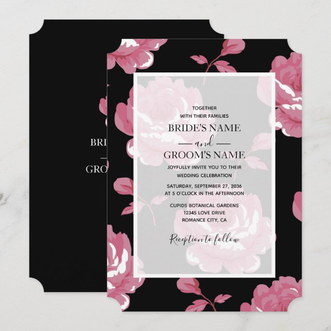 Elégant rose Vintage Roses mariage Invitations (Devant / Derrière)
