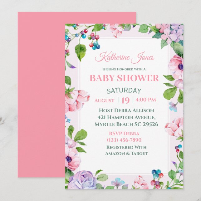 Elégant rose violet Baby shower Floral Invitation (Devant / Derrière)