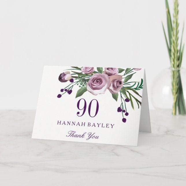 Élégant Rose violet Floral 90e anniversaire Merci (Devant)