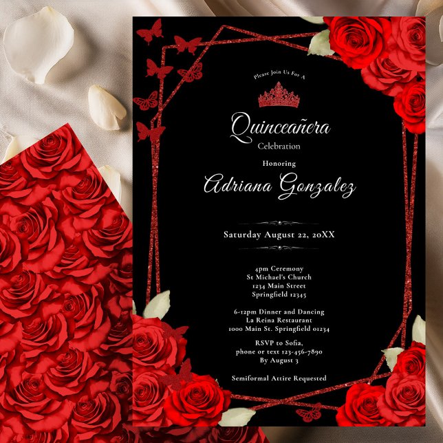 Elegant Roses and Crown Red Quinceanera  Einladung (Von Creator hochgeladen)
