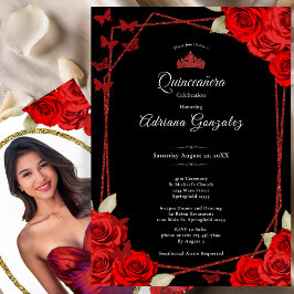 Elegant Roses and Crown Red Quinceanera  Einladung