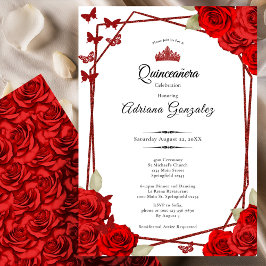 Elegant Roses and Crown Red Quinceanera  Einladung