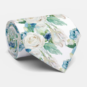 Élégant Roses Blanches et Bleues d'Hiver Cravate