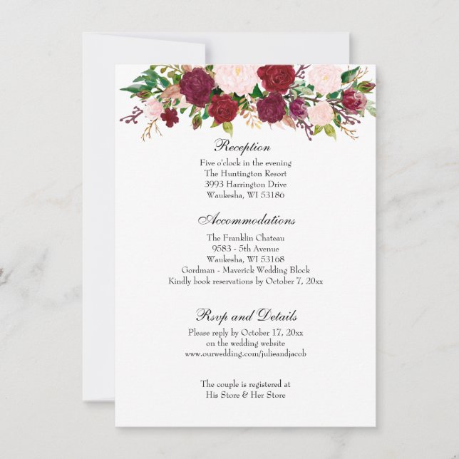 Elégant Roses Rouges Mariage Réception Invitation (Devant)
