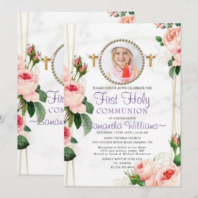 Elegant Rosy Blush Floral First Communation Einladung (Vorne/Hinten)