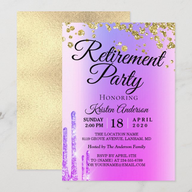 Elegant Rosy Funkelnd Glitzer Retirement Party Inv Einladung (Vorne/Hinten)