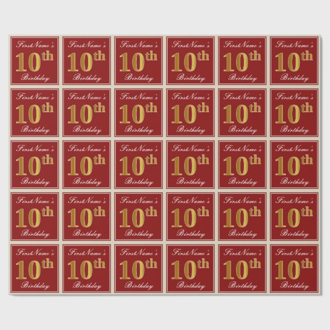 Elegant, rot, Imitate Gold 10. Geburtstag; Individ Geschenkpapier (Flach)