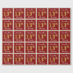 Elegant, rot, Imitate Gold 13. Geburtstag; Individ Geschenkpapier