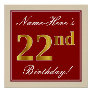 Elegant, rot, Imitate Gold 22. Geburtstag; Individ Poster