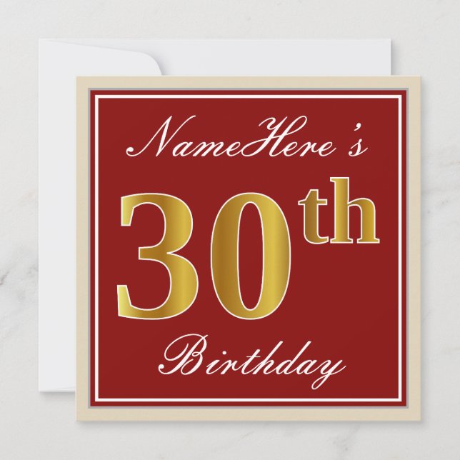 Elegant, rot, Imitate Gold 30. Geburtstag; Individ Einladung (Vorderseite)