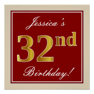 Elegant, rot, Imitate Gold 32. Geburtstag; Individ Poster
