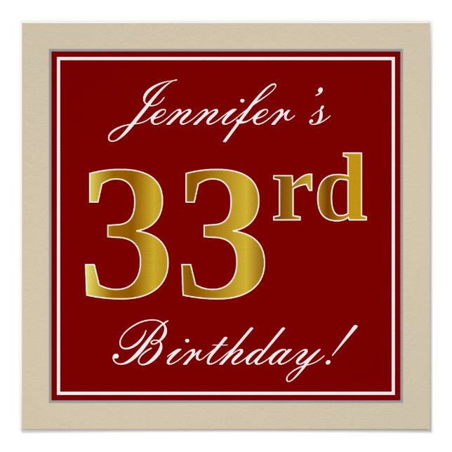 Elegant, rot, Imitate Gold 33. Geburtstag; Individ Poster (Vorderseite)