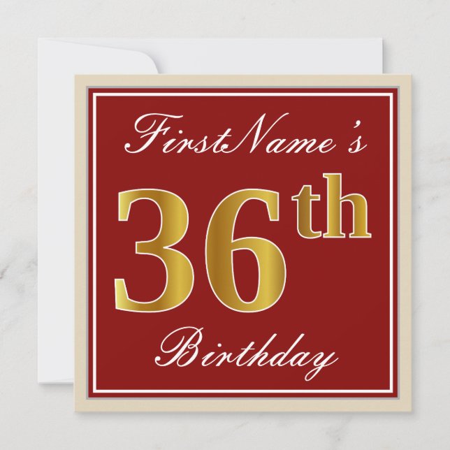 Elegant, rot, Imitate Gold 36. Geburtstag; Individ Einladung (Vorderseite)