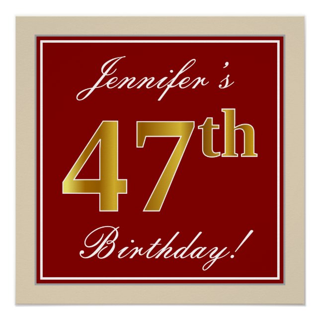 Elegant, rot, Imitate Gold 47. Geburtstag; Individ Poster (Vorderseite)