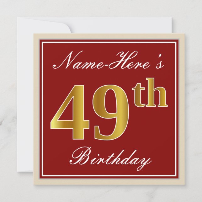 Elegant, rot, Imitate Gold 49. Geburtstag; Individ Einladung (Vorderseite)