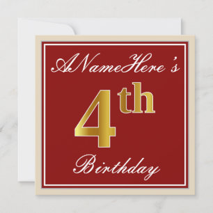 Elegant, rot, Imitate Gold 4. Geburtstag + Individ Einladung