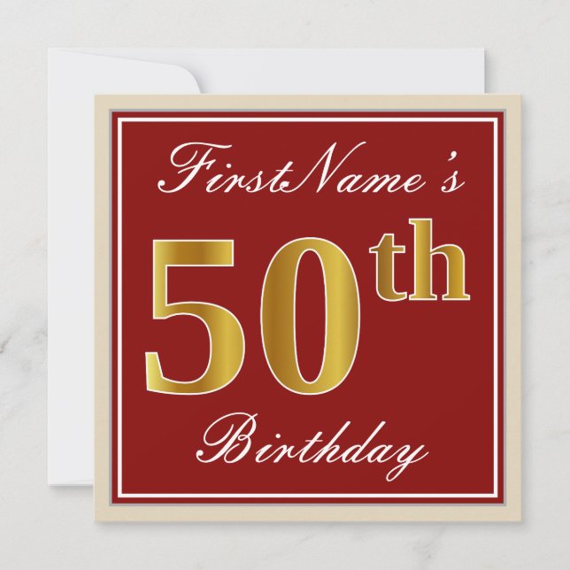 Elegant, rot, Imitate Gold 50. Geburtstag; Individ Einladung (Vorderseite)