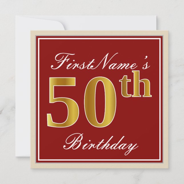 Elegant, rot, Imitate Gold 50. Geburtstag; Individ Einladung (Vorderseite)